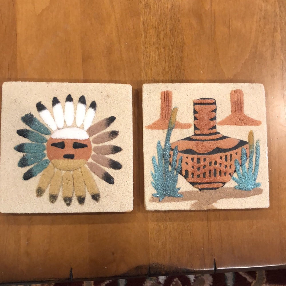 Vintage Indian pottery sand art coasters signed L Moore